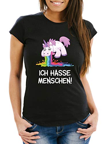 MoonWorks® Damen T-Shirt Spruch Ich Hasse Menschen kotzendes Einhorn Frauen Fun-Shirt lustig schwarz L von MoonWorks