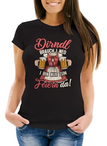 MoonWorks® Damen T-Shirt Trachtenshirt Dirndl Spruch Ich Bin nur zum Feiern da Tracht Volksfest Frauen Fun-Shirt lustig schwarz XL von MoonWorks