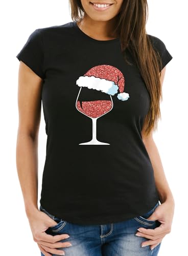 MoonWorks® Damen T-Shirt Weihnachten Lustig Weinglas Weihnachtsmütze Prost Alkohol Frauen Fun-Shirt Weihnachtsshirt lustig schwarz L von MoonWorks