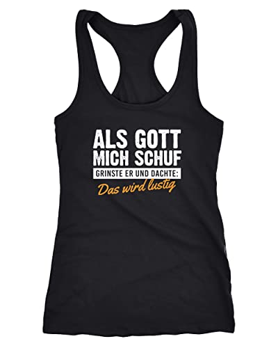 MoonWorks® Damen Tanktop Als Gott Mich Schuf grinste er Fun-Shirt Spruch Statement Ironie Racerback schwarz M von MoonWorks