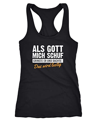 MoonWorks® Damen Tanktop Als Gott Mich Schuf grinste er Fun-Shirt Spruch Statement Ironie Racerback schwarz M von MoonWorks