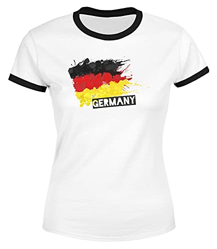 MoonWorks® Damen WM-Shirt Deutschland Fußball EM 2021 Fußballeuropameisterschaft Deutschlandshirt Deutschlandflagge Retro weiß-schwarz L von MoonWorks