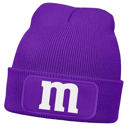MoonWorks® Herren Beanie Patch Strickmütze mit Buchstabe M Aufdruck Fasching Karneval Lustig Mütze Männer Lila Unisize von MoonWorks