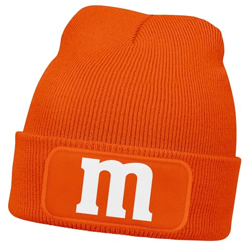 MoonWorks® Herren Beanie Patch Strickmütze mit Buchstabe M Aufdruck Fasching Karneval Lustig Mütze Männer Orange Unisize von MoonWorks