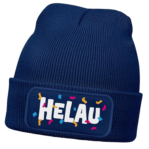 MoonWorks® Herren Beanie Patch Strickmütze mit Spruch Aufdruck Fasching Karneval Lustig Mütze Männer Dunkelblau Unisize von MoonWorks