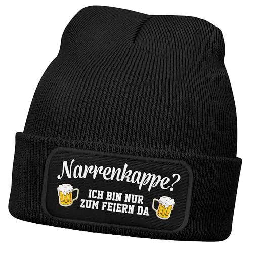 MoonWorks® Herren Beanie Patch Strickmütze mit Spruch Narrenkappe Aufdruck Fasching Karneval Lustig Mütze Männer Schwarz Unisize von MoonWorks