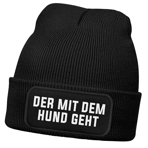 MoonWorks® Herren Beanie Strickmütze mit Patch Spruch Der mit dem Hund geht Aufdruck Lustig Mütze Männer Schwarz Unisize von MoonWorks