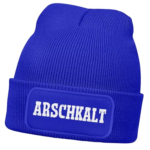 MoonWorks® Herren Beanie mit Patch Arschkalt Statement Strickmütze mit Spruch Aufdruck Lustig Mütze Männer Blau Unisize von MoonWorks
