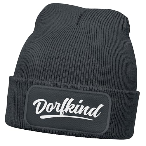MoonWorks® Herren Beanie mit Patch Dorfkind Strickmütze mit Spruch Aufdruck Lustig Mütze Männer Dunkelgrau Unisize von MoonWorks