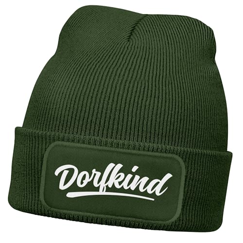 MoonWorks® Herren Beanie mit Patch Dorfkind Strickmütze mit Spruch Aufdruck Lustig Mütze Männer Oliv Unisize von MoonWorks