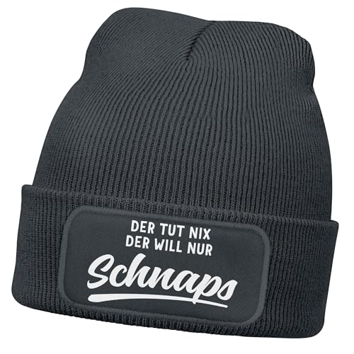 MoonWorks® Herren Beanie mit Patch Lieblingsgetränk Party Strickmütze Spruch Aufdruck Lustig Mütze Männer Dunkelgrau Unisize von MoonWorks