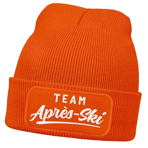 MoonWorks® Herren Beanie mit Patch Strickmütze Skifahren Party Skiurlaub Spruch Aufdruck Lustig Mütze Männer Orange Unisize von MoonWorks
