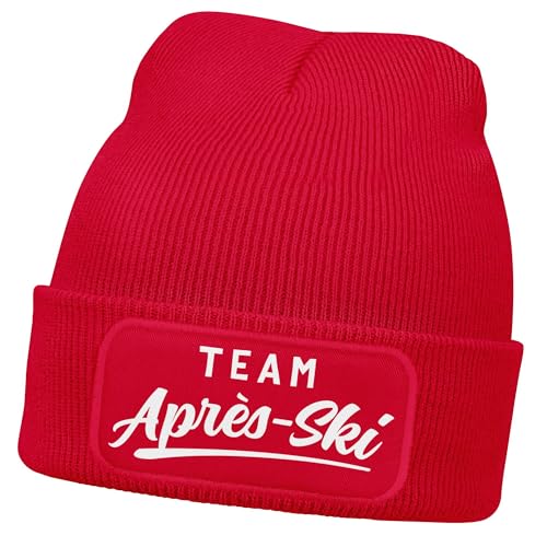 MoonWorks® Herren Beanie mit Patch Strickmütze Skifahren Party Skiurlaub Spruch Aufdruck Lustig Mütze Männer Rot Unisize von MoonWorks