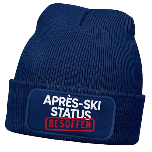 MoonWorks® Herren Beanie mit Patch Strickmütze Spruch Après-Ski Status: Besoffen Lustig Mütze Männer Dunkelblau Unisize von MoonWorks