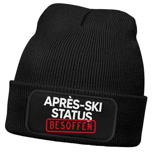 MoonWorks® Herren Beanie mit Patch Strickmütze Spruch Après-Ski Status: Besoffen Lustig Mütze Männer Schwarz Unisize von MoonWorks