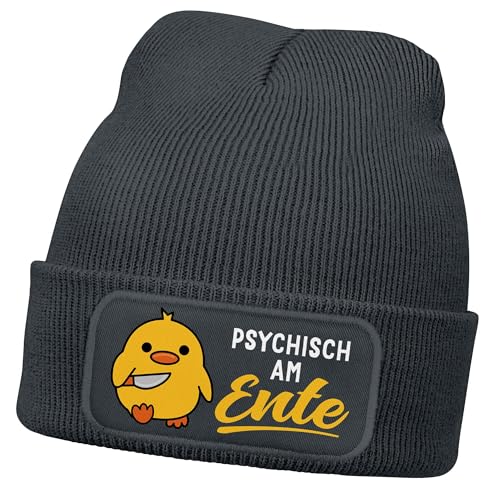 MoonWorks® Herren Beanie mit Patch Strickmütze Spruch Meme Psychisch am Ente Lustig Mütze Männer Dunkelgrau Unisize von MoonWorks