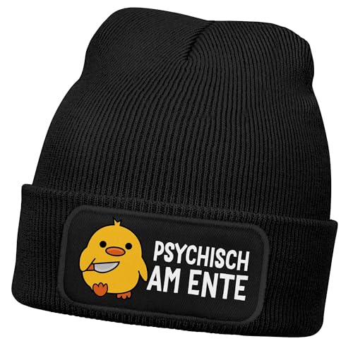 MoonWorks® Herren Beanie mit Patch Strickmütze Spruch Meme Psychisch am Ente Lustig Mütze Männer Schwarz Unisize von MoonWorks