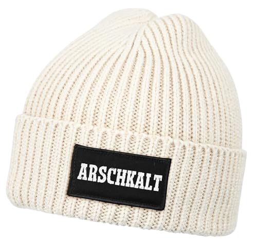 MoonWorks® Herren Beanie mit Patch Strickmütze mit Spruch Arschkalt Aufdruck Lustig Mütze Männer Beige Unisize von MoonWorks