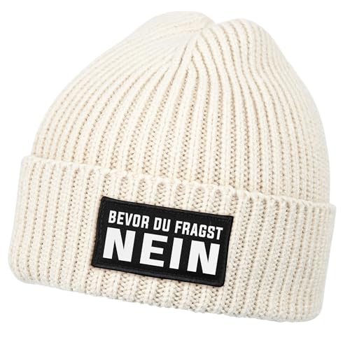 MoonWorks® Herren Beanie mit Patch Strickmütze mit Spruch Bevor du fragst - Nein Aufdruck Lustig Mütze Männer Beige Unisize von MoonWorks