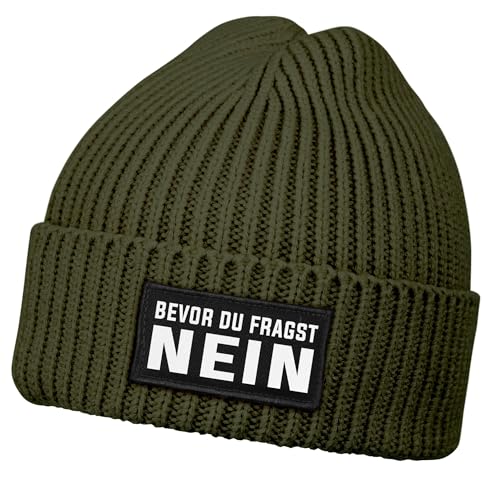 MoonWorks® Herren Beanie mit Patch Strickmütze mit Spruch Bevor du fragst - Nein Aufdruck Lustig Mütze Männer Oliv Unisize von MoonWorks