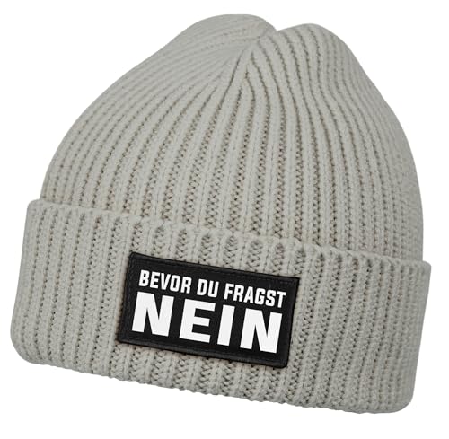 MoonWorks® Herren Beanie mit Patch Strickmütze mit Spruch Bevor du fragst - Nein Aufdruck Lustig Mütze Männer Grau Unisize von MoonWorks