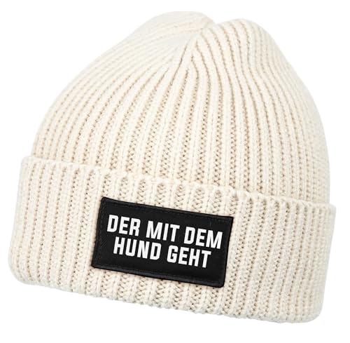 MoonWorks® Herren Beanie mit Patch Strickmütze mit Spruch Der mit dem Hund geht Aufdruck Lustig Mütze Männer Beige Unisize von MoonWorks