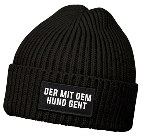MoonWorks® Herren Beanie mit Patch Strickmütze mit Spruch Der mit dem Hund geht Aufdruck Lustig Mütze Männer Schwarz Unisize von MoonWorks