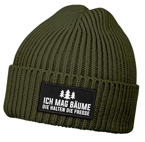 MoonWorks® Herren Beanie mit Patch Strickmütze mit Spruch Ich mag Bäume -die halten die Fresse Aufdruck Lustig Mütze Männer Oliv Unisize von MoonWorks