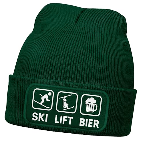 MoonWorks® Herren Beanie mit Patch Strickmütze mit Spruch Ski Lift Bier Icon Aufdruck Lustig Mütze Männer Dunkelgruen Unisize von MoonWorks