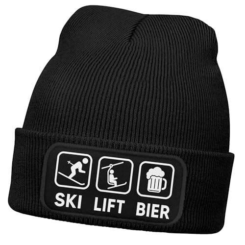 MoonWorks® Herren Beanie mit Patch Strickmütze mit Spruch Ski Lift Bier Icon Aufdruck Lustig Mütze Männer Schwarz Unisize von MoonWorks