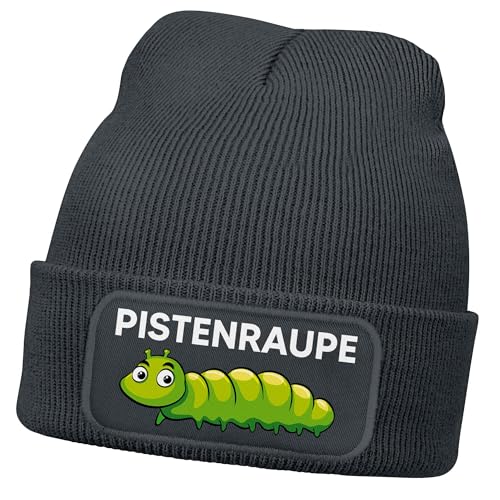 MoonWorks® Herren Beanie mit Patch Strickmütze mit Spruch Skifahren Aufdruck Pistenraupe Lustig Mütze Männer Dunkelgrau Unisize von MoonWorks