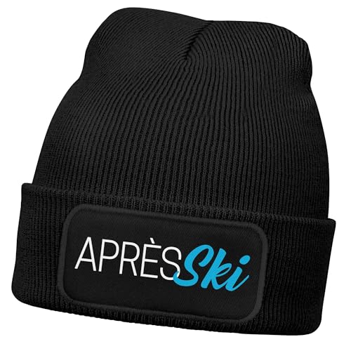 MoonWorks® Herren Beanie mit Patch Strickmütze mit Spruch Skifahren Wintersport Aufdruck Lustig Après-Ski Mütze Männer Schwarz Unisize von MoonWorks