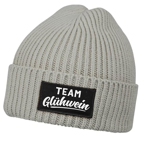 MoonWorks® Herren Beanie mit Patch Strickmütze mit Spruch Team Glühwein Aufdruck Lustig Mütze Männer Grau Unisize von MoonWorks