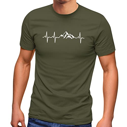 MoonWorks® Herren T-Shirt Berge Wandern Herzschlag Puls EGK Geschenk für Wanderfreunde Fun-Shirt Army L von MoonWorks