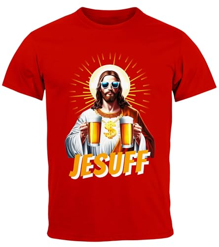 MoonWorks® Herren T-Shirt Bier Jesus Partyshirt Alkohol Fasching Karneval Outfit Männer Funshirt rot XL von MoonWorks