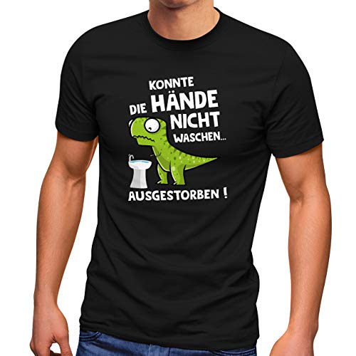 MoonWorks® Herren T-Shirt Corona Dinosaurier Hände waschen T-Rex Ironie Spruch lustig Fun-Shirt schwarz 5XL von MoonWorks