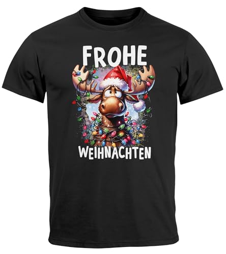 MoonWorks® Herren T-Shirt Frohe Weihnachten Aufdruck Elch Rentier Weihnachtsshirt Lustig Männer schwarz L von MoonWorks