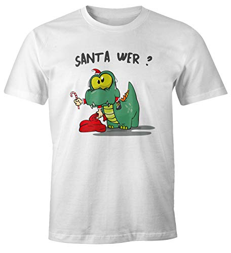 MoonWorks® Herren T-Shirt Fun Motiv Dinosaurier frisst Santa Claus Spruch Santa Wer? Weihnachtsmann Fun Shirt weiß 5XL von MoonWorks