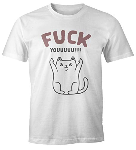 MoonWorks® Herren T-Shirt Fun-Shirt Fuck youuuuu Spruch Katze mit Mittelfinger lustig weiß 5XL von MoonWorks