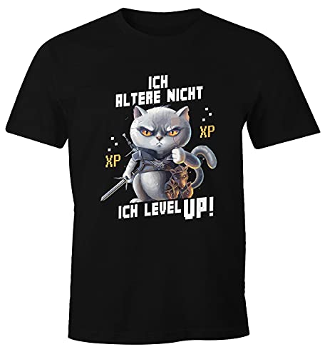 MoonWorks® Herren T-Shirt Gaming ich altere Nicht ich Level up! Zocker Sprüche Fun-Shirt Katze Cat Videospiele lustig schwarz M von MoonWorks