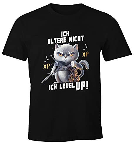 MoonWorks® Herren T-Shirt Gaming ich altere Nicht ich Level up! Zocker Sprüche Fun-Shirt Katze Cat Videospiele lustig schwarz XXL von MoonWorks