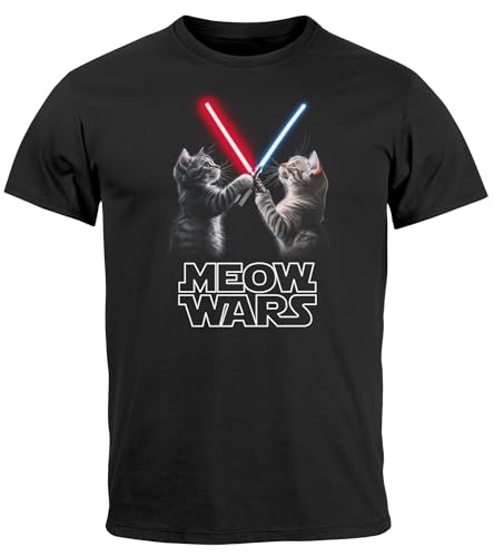 MoonWorks® Herren T-Shirt Katzen Meme Meow Wars Laserschwert Kino Film Parodie Hollywood Fun-Shirt Spruch lustig Schwarz 3XL von MoonWorks