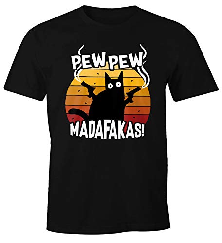 MoonWorks® Herren T-Shirt Pew Pew Madafakas Katze Western Cat Meme Fun-Shirt Spruch lustig schwarz 5XL von MoonWorks