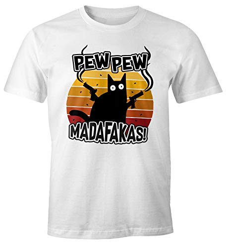 MoonWorks® Herren T-Shirt Pew Pew Madafakas Katze Western Cat Meme Fun-Shirt Spruch lustig weiß XXL von MoonWorks