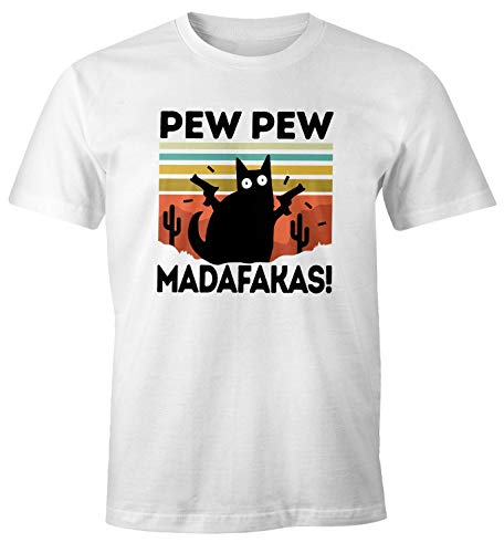 MoonWorks® Herren T-Shirt Pew Pew Madafakas! Schwarze Katze Fun-Shirt Spruch Meme lustig weiß L von MoonWorks