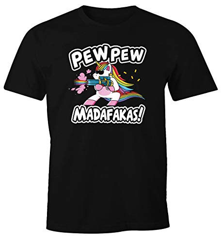 MoonWorks® Herren T-Shirt Pew Pew Madafakas böses Einhorn Regenbogen Unicorn Fun-Shirt Spruch lustig schwarz 5XL von MoonWorks