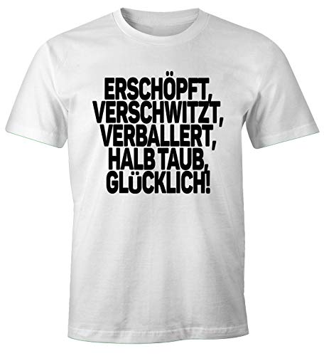 MoonWorks® Herren T-Shirt Spruch Erschöpft Verschwitzt Verballert Halbtaub Glücklich Fun-Shirt Party Festival Techno Rave Oberteil weiß 4XL von MoonWorks