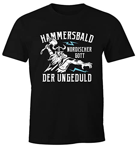 MoonWorks® Herren T-Shirt Spruch lustig Der nordische Gott der Ungeduld Hammersbald Wikinger Parodie Fun-Shirt schwarz 4XL von MoonWorks