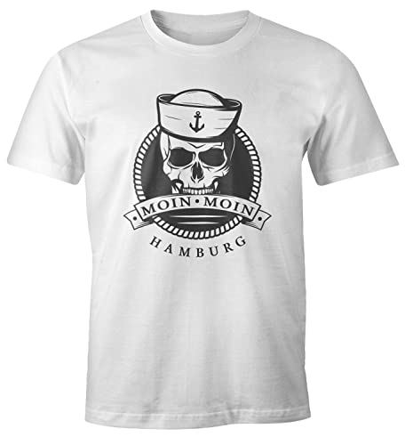 MoonWorks® Herren T-Shirt Totenkopf Matrose Anker Motiv Skull Emblem Schriftzug Moin Moin Hamburg Fun-Shirt Spruch weiß L von MoonWorks