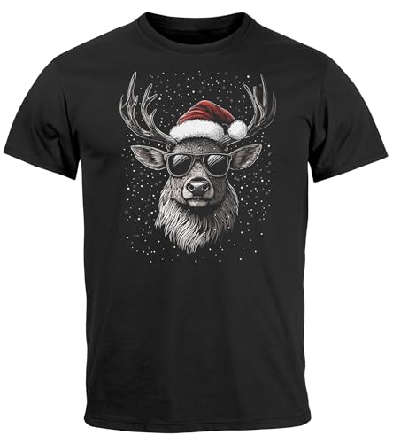 MoonWorks® Herren T-Shirt Weihnachten Rentier Hirsch Elch mit Weihnachtsmütze Xmas Printshirt schwarz 4XL von MoonWorks
